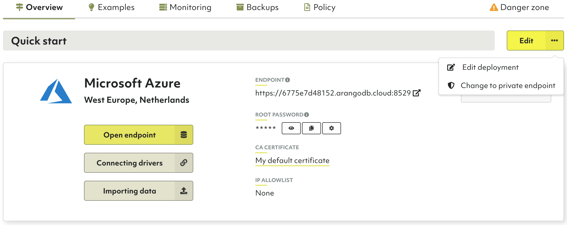 ArangoGraph Deployment Private Endpoint Menu