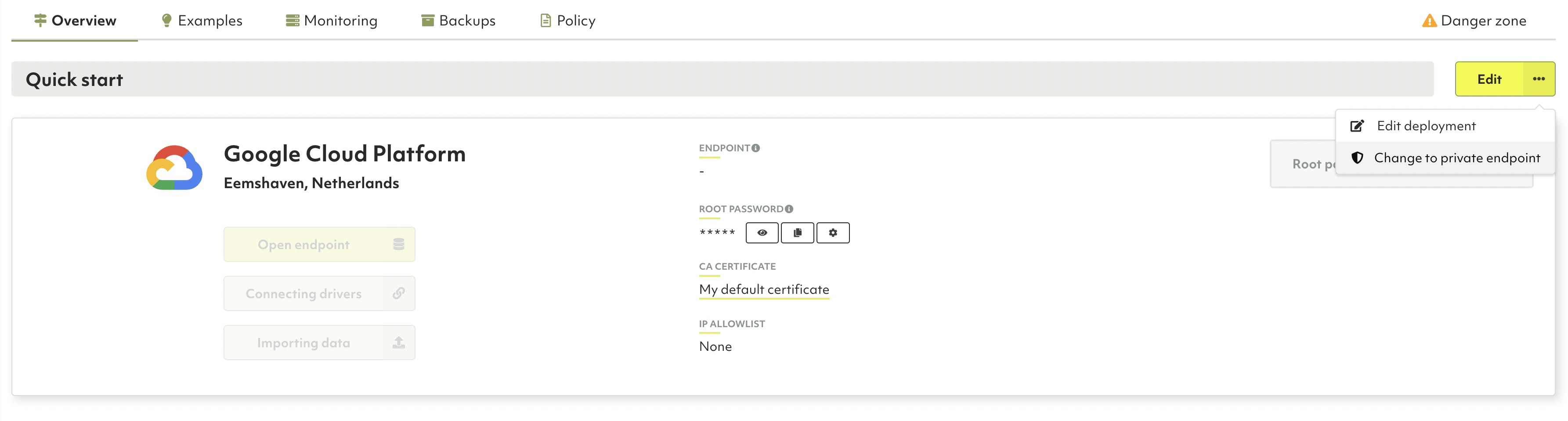 ArangoGraph Deployment Private Endpoint Menu